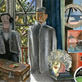 De Jan Steenzolder: Kees en Enny Wiessing op reis, 2025, gouache, pastel, houtskoolo, 48 x 68,5 cm.