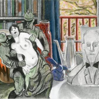 De Jan Steenzolder: De overweldiging van Servië, 2024, gouache, pastel, houtskool, 48,5 x 63 cm.