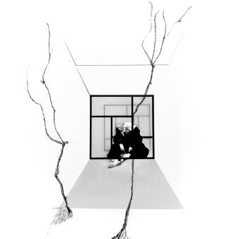 Hikikomori, fine art print+charcoal, wooden frame art glass 28 x 38 cm