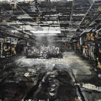 Interior (2), 160 x 200 cm. Oil, plaster, mounting kit (burnt) on canvas. 2023