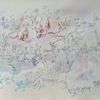 The Big Sleep, Emily Kocken, 64 x 101 cm, inkt, oliepastel op 300 gr Arches Aquarelles papier, 2026