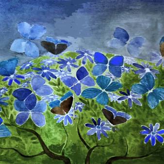 blauwe vlinders, blauwe bloemen