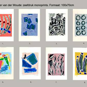 8 zeefdruk monoprints, per stuk 100x65cm