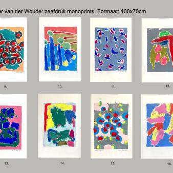 8 zeefdruk monoprints, per stuk 100x65cm