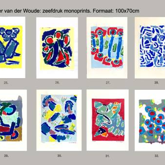 8 zeefdruk monoprints, per stuk 100x65cm